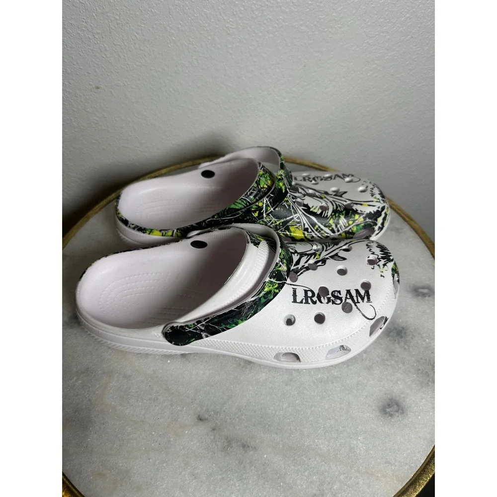 Mens Fishing Bass Graphic Foam Clogs White Green Camo Slip On